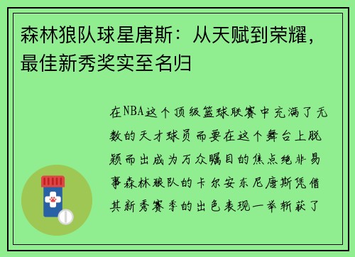 森林狼队球星唐斯：从天赋到荣耀，最佳新秀奖实至名归