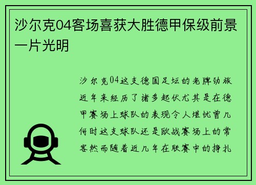 沙尔克04客场喜获大胜德甲保级前景一片光明